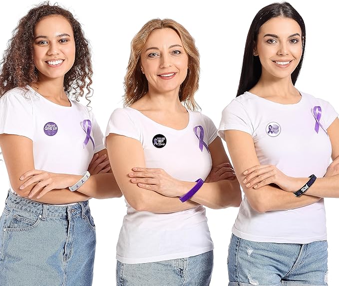 60 Pcs Purple Ribbon Awareness Accessories Stuff Include Purple Ribbon Silicone Bracelet Rubber Wristband and Button Badges Pins for Animal Abuse, Alzheimer's Pancreatic Cancer Gifts Party Supplies
