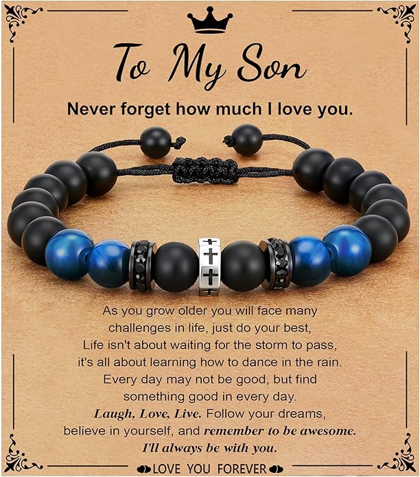 To Mens Gifts Cross Bracelet for Boys Son Grandson Brother Nephew, Cross Beads Bracelet Christian Birthday Graduation Gifts for Teen Boys