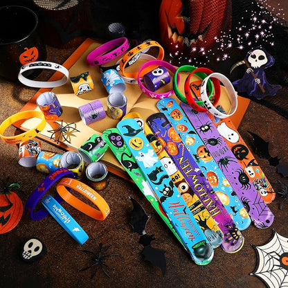 JUNEBRUSHS 50 Pack Halloween Party Favors Halloween Slap Bracelets Rubber Wristbands Assorted for Kids Halloween Slap Bands for Boys Girls Halloween Classroom Prizes Gifts Toys Treat Bag Fillers