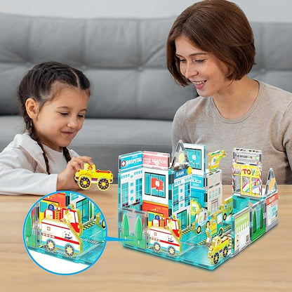 PicassoTiles 8pc Metro City Vehicle Magnet Building Block Set with Magnetized Action Figures Compatible with Magnetic Tile Kits STEAM Educational Construction Playset for Boys Girls Age 3 Plus PTA24
