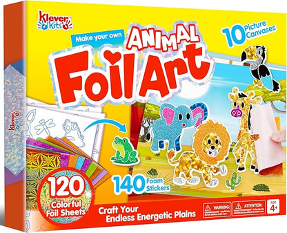 Klever Kits Foil Art Kit for Kids - Arts & Crafts Supplies, Mess Free Coloring, Animal Foil Foam Stickers, Creative Travel Toys, Birthday Gifts for Boys & Girls Ages 4 and Up