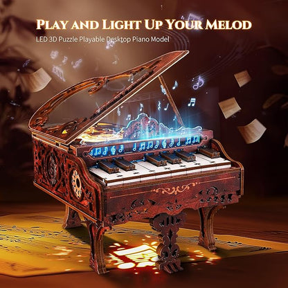 3D Wood Puzzle Piano Kit, Playable Wooden Keyboard Model with LED Lights, Interactive Craft Kit & Digital Piano Puzzle for Adults and Kids（with LED