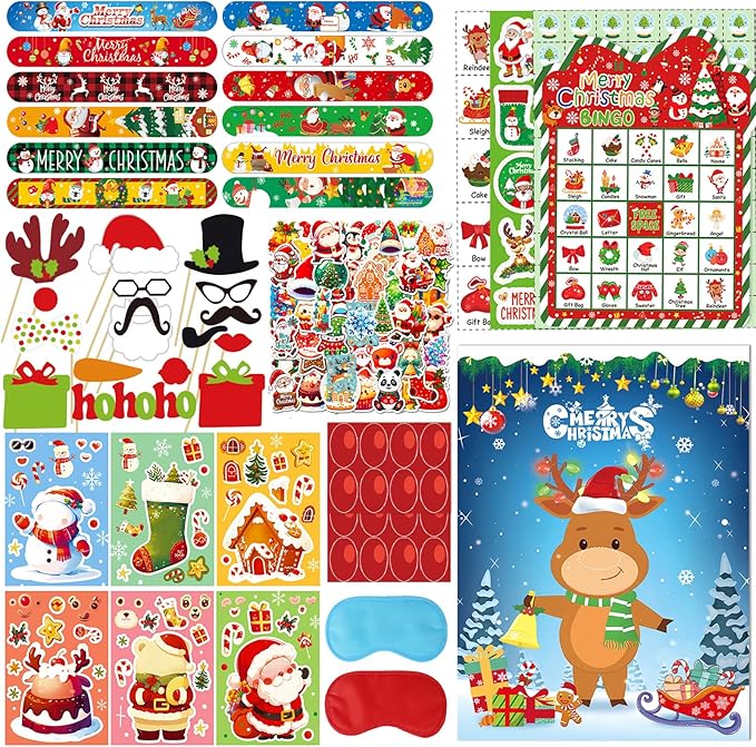 166Pcs Christmas Party Games for Kids Christmas Games 24 Player Christmas Bingo Game Pin Nose Game 24Pie Face Game Stickers Christmas Slap Bracelets Photo Props Christmas Games for Kids
