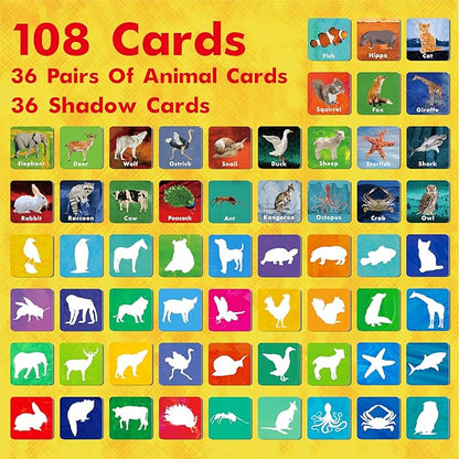 Hebayy 108 PCS Memory Matching Game, 72 Animal Cards & 36 Shadow Cards Matching Cards 36 Pairs Real Animal for Toddlers, Preschool, Kids 4 5 6 Years Old (2” x 2”)