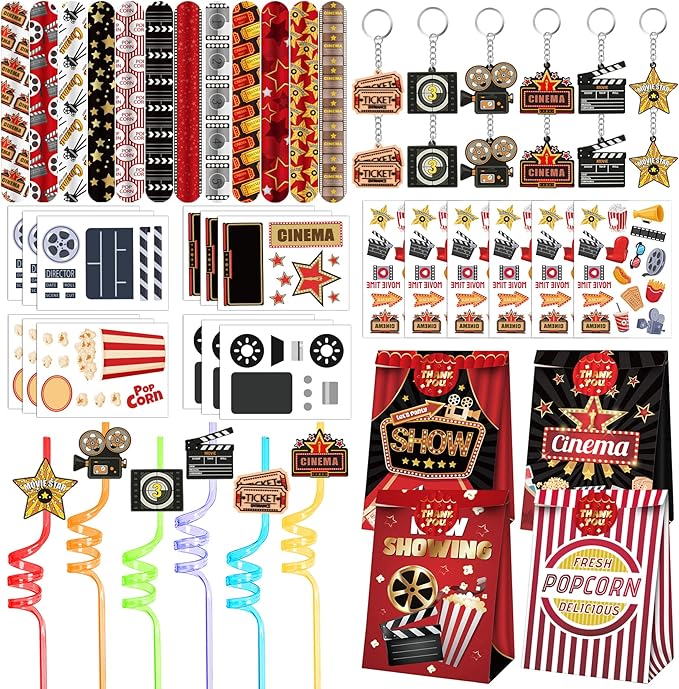 Movie Night Party Favors 72 PCS Movie Theater Slap Bracelets Temporary Tattoos DIY Stickers Keychains Plastic Straws Gift Bags for Kids Movie Night Carzy Birthday Party Gift Baby Shower Goodie Bag Fillers Movie Party Supplies