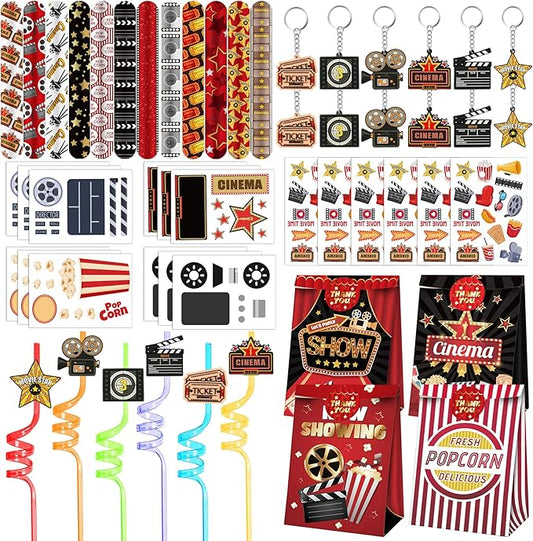 Movie Night Party Favors 72 PCS Movie Theater Slap Bracelets Temporary Tattoos DIY Stickers Keychains Plastic Straws Gift Bags for Kids Movie Night Carzy Birthday Party Gift Baby Shower Goodie Bag Fillers Movie Party Supplies