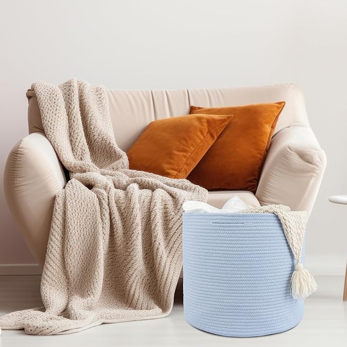 XUANGUO Cotton Rope Basket For Girls Boys Kids 16”X14” Baby Laundry Baskets Nursery Bin Round Woven Basket For Storage Toys Blankets Shoes Clothes blue