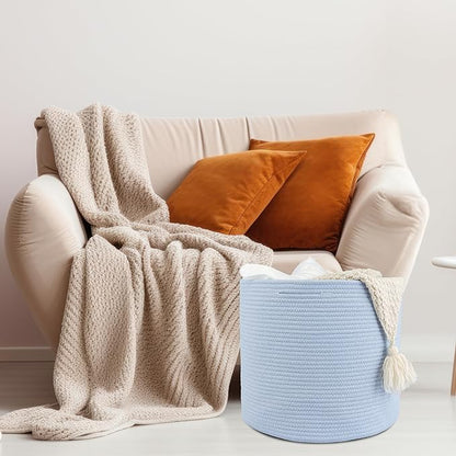 XUANGUO Cotton Rope Basket For Girls Boys Kids 16”X14” Baby Laundry Baskets Nursery Bin Round Woven Basket For Storage Toys Blankets Shoes Clothes blue