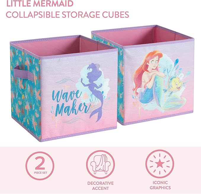 Disney Little Mermaid Storage Cubes,Set of 2 Spacious Collapsible Bins with Handles, Kids Toy Organizer for Bedroom & Playroom, 10" x 10"