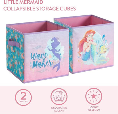 Disney Little Mermaid Storage Cubes,Set of 2 Spacious Collapsible Bins with Handles, Kids Toy Organizer for Bedroom & Playroom, 10" x 10"