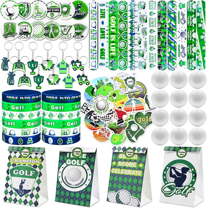 122Pcs Golf Party Favors Golf Goodie Bags Items with Stress Ball Keychain Sticker Badges Silicone Bracelet for Golf Birthday Party Decorations