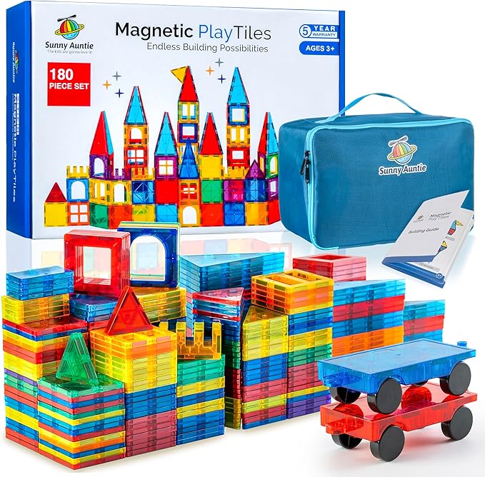 Magnetic Tiles 180 PCS+ Bonus Zippered CASE, Magnetic Tiles for Kids Toy for 3 4 5 6 7 8 Year Old Boys & Girls, Great Gift for Kids Aged 3-8 - XL Set
