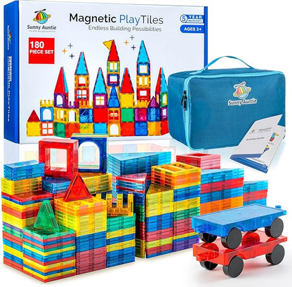 Magnetic Tiles 180 PCS+ Bonus Zippered CASE, Magnetic Tiles for Kids Toy for 3 4 5 6 7 8 Year Old Boys & Girls, Great Gift for Kids Aged 3-8 - XL Set
