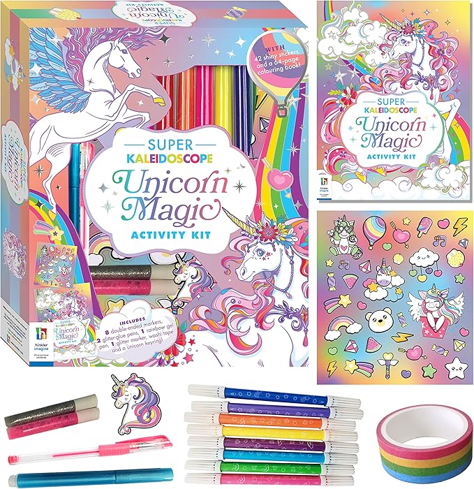 Hinkler Super Kaleidoscope - Unicorn Magic Activity Kit - Fantasy Themed Coloring Book with Glitter Stationery and Stickers - Unicorn Keyring - Arts and Craft Kits for Kids Aged 6 to 8