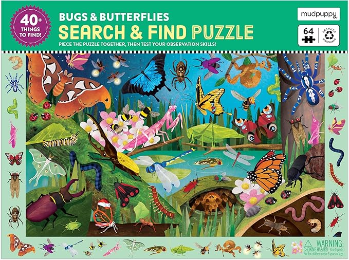 Mudpuppy Bugs & Butterflies — 64 Piece Search & Find Puzzle Jigsaw Puzzle Featuring Diverse Bugs and Insects and Over 40 Hidden Images to Find for Ages 4+