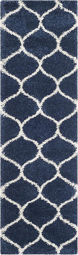 SAFAVIEH Hudson Shag Collection Runner Rug - 2'3" x 18', Navy & Ivory, Moroccan Trellis Design, Non-Shedding & Easy Care, 2-inch Thick Ideal for High Traffic Areas in Living Room, Bedroom (SGH280C)