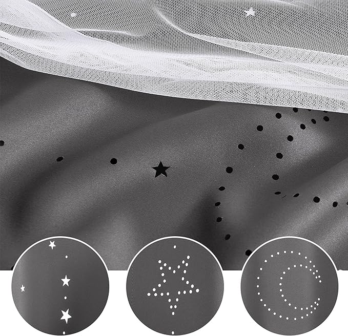 NICETOWN Moon Star Hollow-Out Curtains for Nursery Gift, Double Layer Blackout Grommets Window Curtains Sheer for Living Room/Girls Bedroom, 2 Panels in 52 x 84 inches, Grey