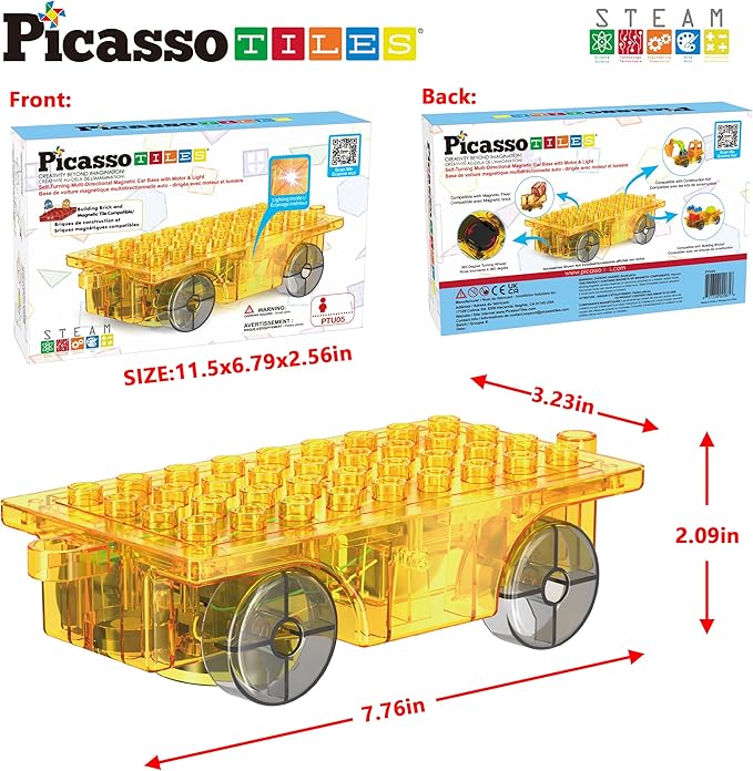 PicassoTiles Magnet Tile Motorized Car Base Self Turning Omnidirectional Truck with Light And Motor Playset Magnetic Tiles Construction Building Blocks Compatible STEM Learning Preschool Ages 3+ PTU05