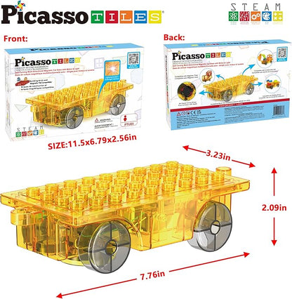 PicassoTiles Magnet Tile Motorized Car Base Self Turning Omnidirectional Truck with Light And Motor Playset Magnetic Tiles Construction Building Blocks Compatible STEM Learning Preschool Ages 3+ PTU05