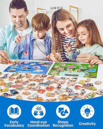 SYNARRY 89 Pcs Wooden Magnetic Sight Word Fishing Game Preschool Activity, Memory Sorting Matching Game for 3 4 5 Years Old Learning Flashcards, Montessori Educational Toys Gifts for Kids Ages 3-5 4-6