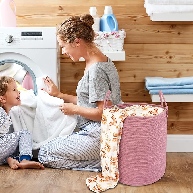XUANGUO Cotton Rope Laundry Basket Hamper for Clothes Woven Storage Basket for Living Room Bedroom Boho Tall Rope Baskets for Blanket Toys Pillow Towels Baby Nursery Hamper Bin grape purple