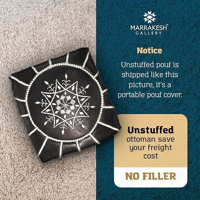 Genuine Leather Round Pouf Cover - Handmade Moroccan Ottoman Footstool, Unstuffed Footrest Under Desk - Boho Decor - Bohemian Living Room, Bedroom, Kids Room - Housewarming Gift & Wedding