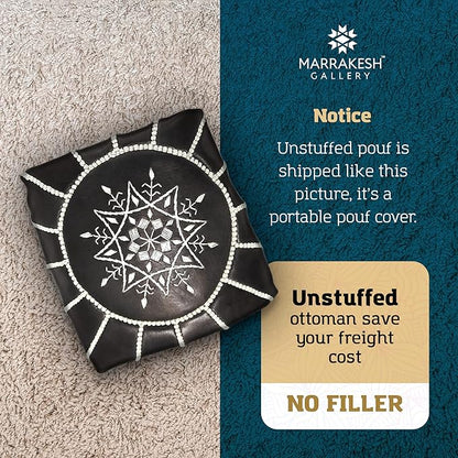 Genuine Leather Round Pouf Cover - Handmade Moroccan Ottoman Footstool, Unstuffed Footrest Under Desk - Boho Decor - Bohemian Living Room, Bedroom, Kids Room - Housewarming Gift & Wedding