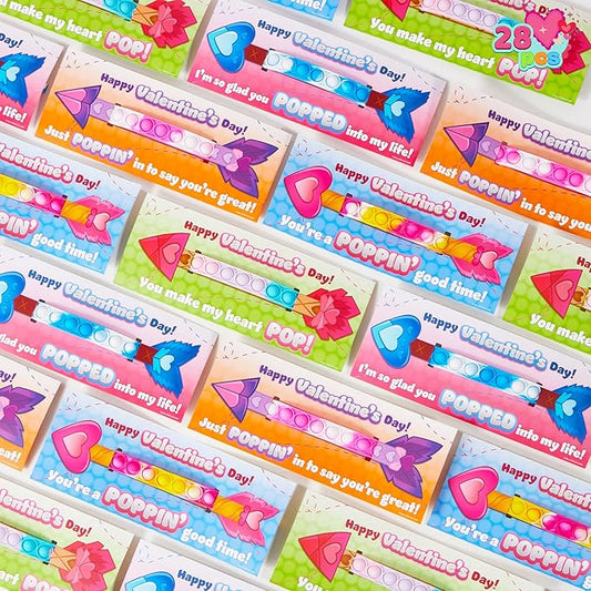 JOYIN 28 Packs Valentine's Day Cards with Pop Fidget Bracelet Pop Bubble Fidget Toy Bracelet Wristband Stress Relief Finger Press Toy for Kids Valentine's Classroom Exchange Prizes Party Favors
