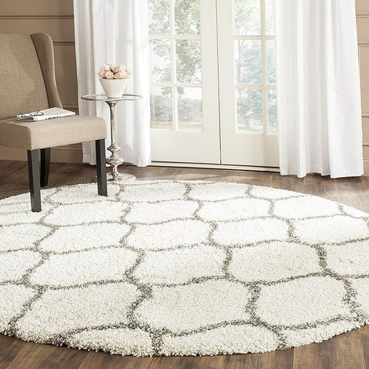 SAFAVIEH Hudson Shag Collection 3' Round Ivory/Grey SGH280A Moroccan Ogee Trellis Non-Shedding Living Room Bedroom Dining Room Entryway Plush 2-inch Thick Area Rug