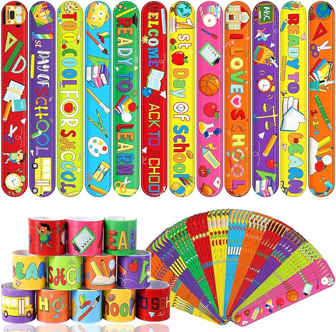 JUNEBRUSHS Back to School Slap Bracelets, 56 Pcs Welcome Back to School Gifts for Kids Students Party Favors Colorful Snap Bracelets Wristbands for First Day of School Party Supplies Decorations