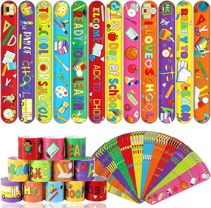 JUNEBRUSHS Back to School Slap Bracelets, 56 Pcs Welcome Back to School Gifts for Kids Students Party Favors Colorful Snap Bracelets Wristbands for First Day of School Party Supplies Decorations