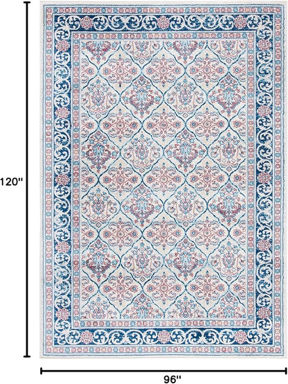 SAFAVIEH Brentwood Collection 8' x 10' Beige / Navy BNT870B Oriental Damask Trellis Non-Shedding Living Room Bedroom Dining Home Office Area Rug