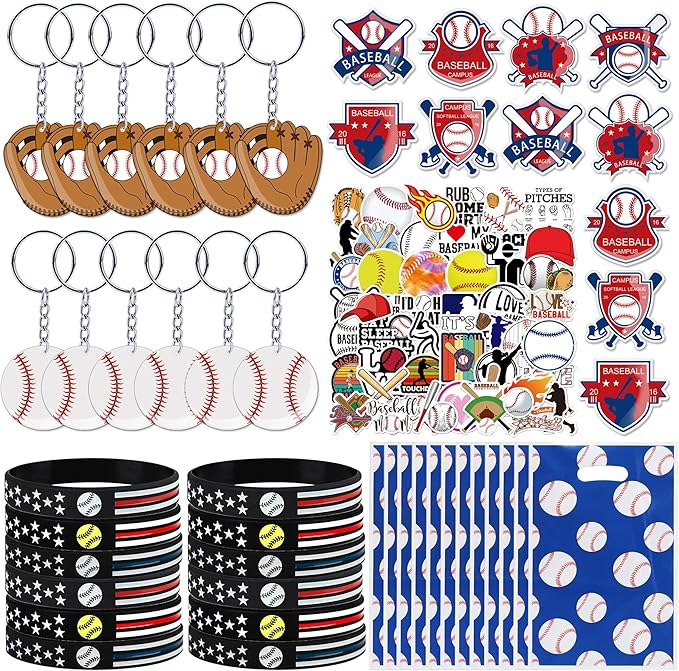 Baseball Party Favors,98 Pcs Baseball Themed Party Supplies For Kids With Goodie Bags,Bracelets,Brooches,Keychain,Stickers For Boys Team Gifts Birthday Decorations Classroom Rewards Stuffers