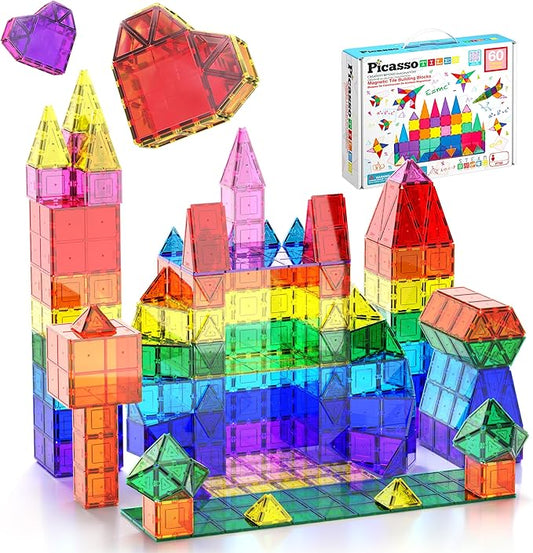 PicassoTiles Magnetic Tiles 60pcs Kids Toys Classroom Sensory Toy for Toddlers STEM Learning Building Blocks, Montessori Pretend Play Magnet Tile Construction Stacking Block Boys Girls Ages 3+ PT60