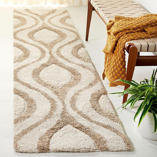 SAFAVIEH Florida Shag Collection Runner Rug - 2'3" x 9', Ivory & Beige, Modern Ogee Design, Non-Shedding & Easy Care, 1.2-inch Thick Ideal for High Traffic Areas in Living Room, Bedroom (SG461-1213)