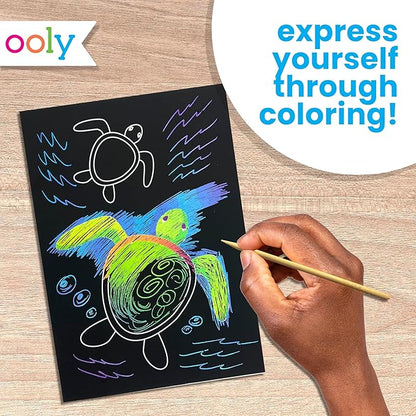 Ooly Scratch & Scribble 10pc Art Kit with 8 Total Scratch Cards (4 Illustrated, 2 Blank, 2 Rainbow) with Scratching Tool and Sparkled Stickers, Art Set Gifts for Kids - Ocean Life