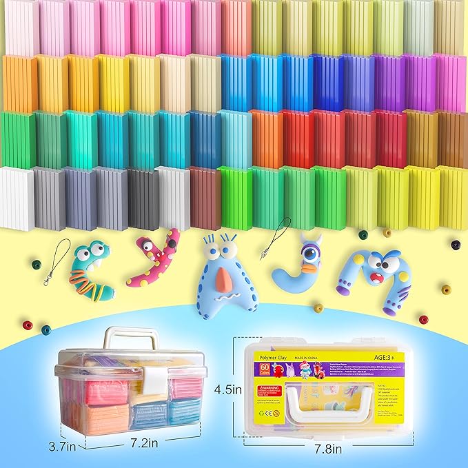 Polymer Clay 60 Colors, Modeling Clay for Kids Oven Baked Model Clay Non-Sticky with Sculpting Tools DIY Starter Kits,and Accessories,Great Clay