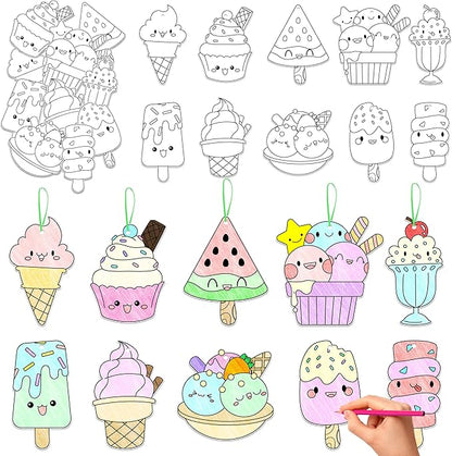 JAPBOR Ice Cream Coloring Craft - 83PCS Summer Ice Cream Themed Party Activities Game Kits for Kids, Color Your Own DIY Desserts Art Cards Hanging Ornament, Draw Paper Book School Activity Party Favor