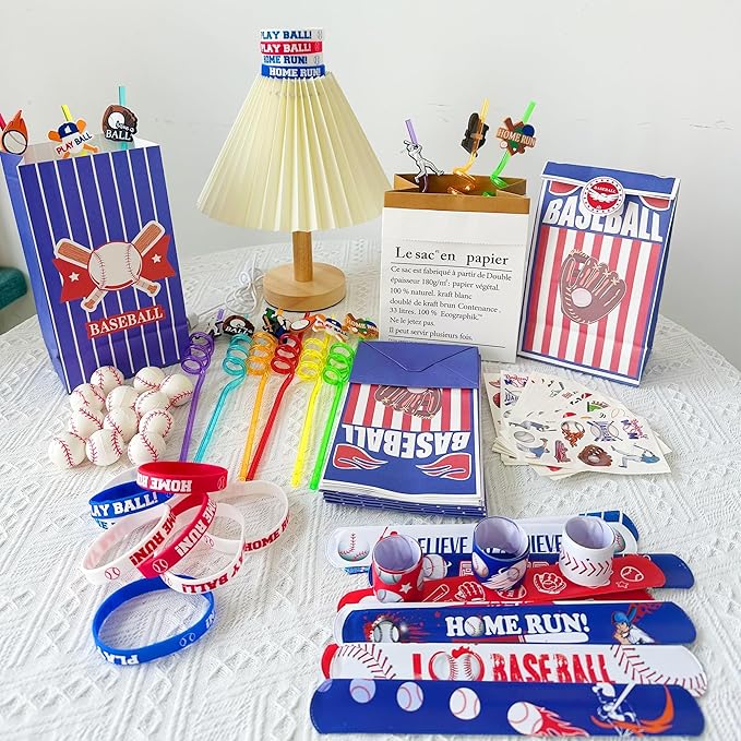 XIPEGPA 72 PCS Baseball Party Favors Set Baseball present Bags Slap Bracelets Straws Silicone Bracelets Tattoo Stickers Mini Baseballs for Goodie Bag Fillers Baseball Themed Birthday Party Supplies