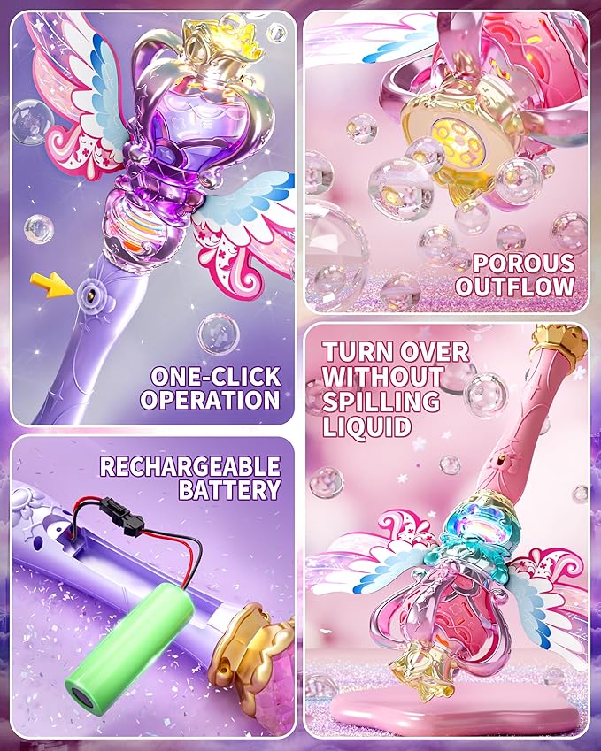 Uregoio 2 Pack Princess Bubble Wands Machine for Girls with Rotating Design, Outdoor Bubble Maker Toys for Kids Ages 4-8, Rechargeable Light & Music Fairy Wands for Party Birthday(Pink & Purple)