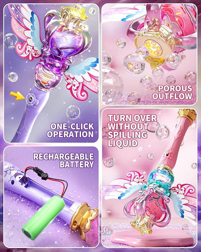 Uregoio 2 Pack Princess Bubble Wands Machine for Girls with Rotating Design, Outdoor Bubble Maker Toys for Kids Ages 4-8, Rechargeable Light & Music Fairy Wands for Party Birthday(Pink & Purple)