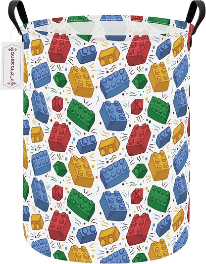 QUEENLALA Large Storage Basket,Laundry Hamper/Bathroom/Home Decor/Collapsible Round Storage Bin,Boys and Girls Hamper/Boxes/Clothing(Round-Blocks)