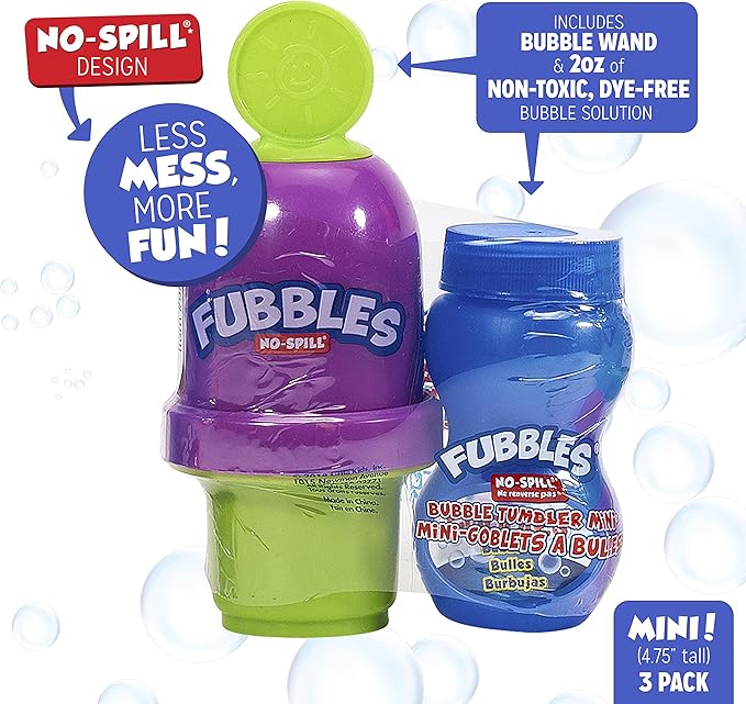 Fubbles Bubbles No-Spill Bubble Tumbler for Babies Toddlers and Kids | Includes 6oz Bubble Solution and Bubble Wand (Tumbler Colors May Vary)(Pack of 3)