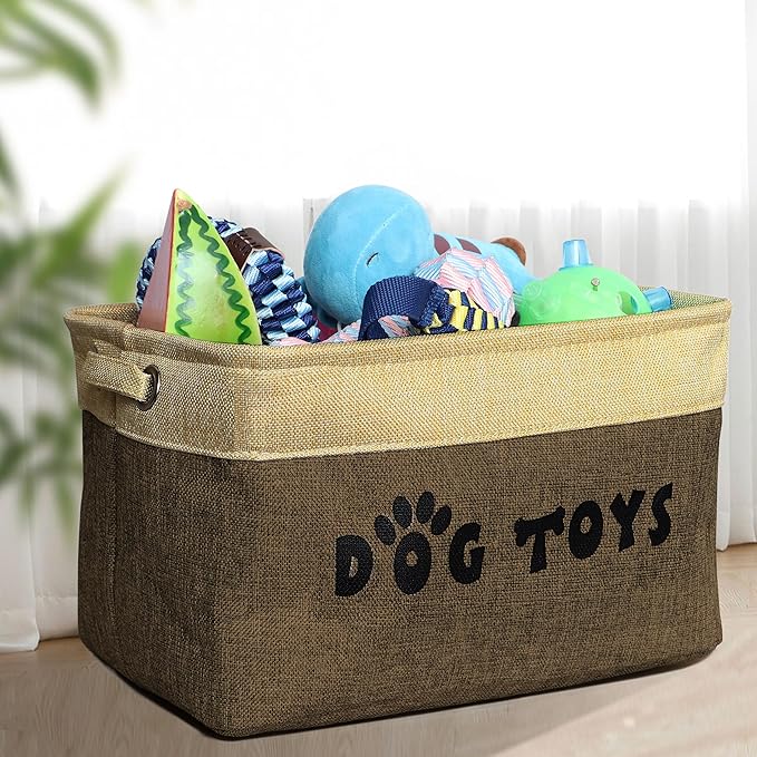 PET ARTIST Dog Toy Basket, Collapsible Dog Toy Bin Box with Comfortable Handles, Large Pet Toy Storage Organizer for Accessories, Toys, Coat & Clothing, Blanket & Leash, Brown, 15"x11"x9"