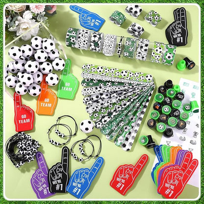 Aoriher 120 Pcs Soccer Sports Party Favors Set Serve 24, Soccer Goodie Bulk Foam Finger Mini Stress Ball Slap Bracelet Charm Bracelet Stamp for Girl Boy Kids Soccer Theme Party Supplies