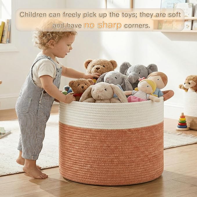 Artfeel 40L Large Cotton Rope Basket, Decorative Woven Blanket Storage for Living Room, Boho Toy Storage & Toy Box for Kids, Versatile Laundry Basket & Nursery Hamper for Blankets(Orange)