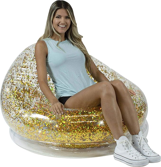 Air Candy Inflatable Glitter Chair - Filled with 6mm Holographic Color Changing Gold Glitter - Made with Strong PVC That Will Hold up to 250 lbs. Perfect for Indoor or Outdoor use!