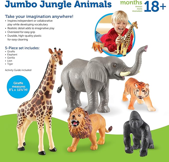 Learning Resources Jumbo Jungle Animals, Animal Toys for Kids, Safari Animals, 5 Pieces, Ages 18 months+