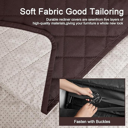 KinCam 100% Waterproof Recliner Loveseat Cover with Console, Non-Slip Reclining Couch Covers for 2 Seat, Recliner Sofa Cover Furniture Protector with Elastic Straps for Kids, Pets, Coffee