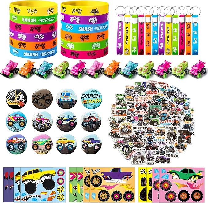 ANGOLIO 110Pcs Monster Truck Party Favors Kits, Favors All-in-One Pack Party Supplies Include Monster Truck Stickers Keychain Bracelet Badge Car Face Stickers for Boys Kids Birthday Party Supplies